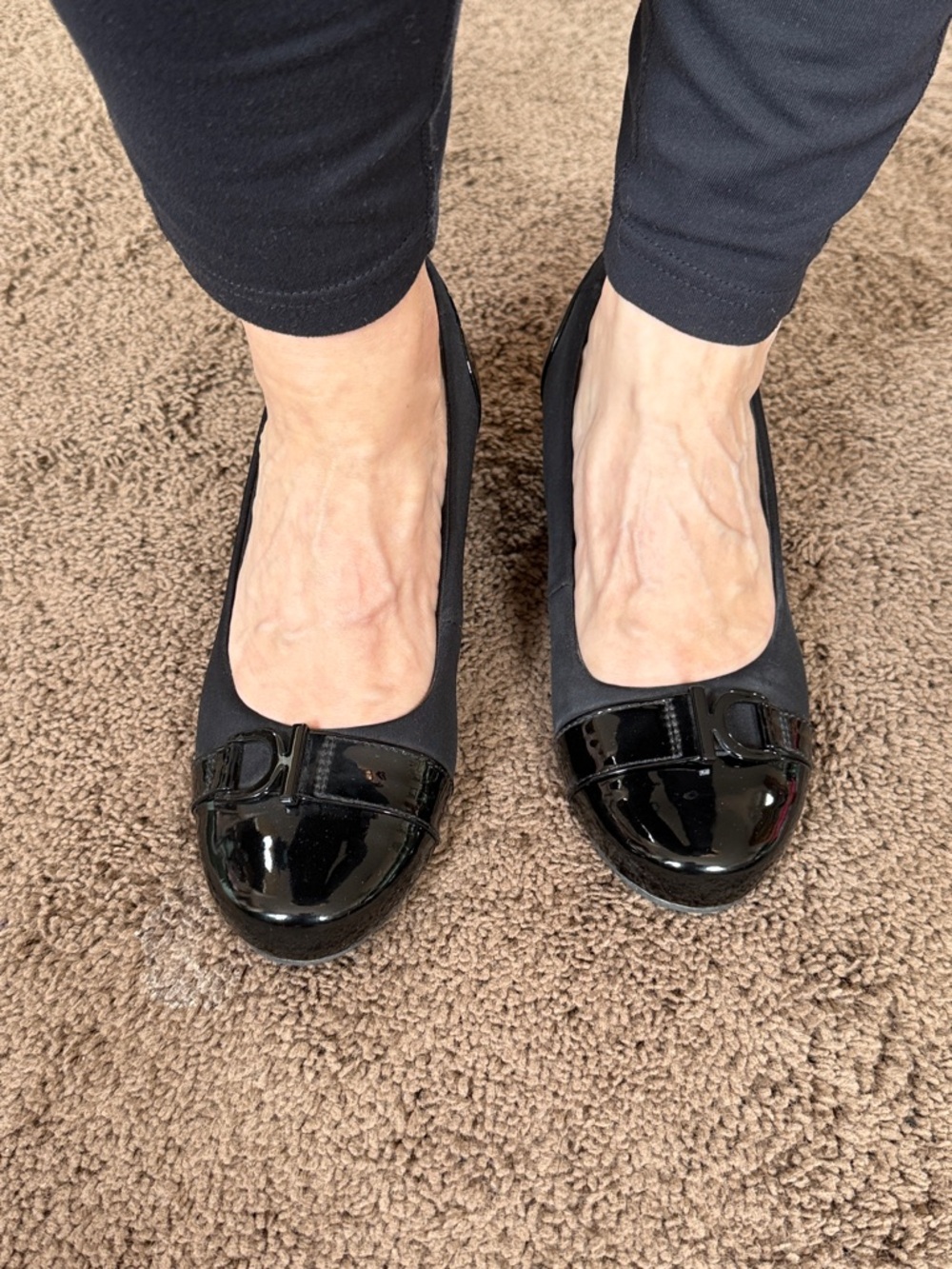 Clarks Black Patent Cap-Toe Ballet Flats with Bow Accent